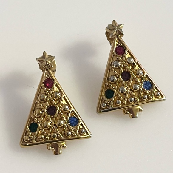 Vtg Avon Christmas Tree and Wreath Gold Toned Gemstone Ornament Earrings - Picture 5 of 16